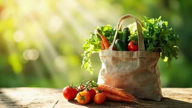 Fresh vegetables in a reusable shopping bag on a wooden table outdoors