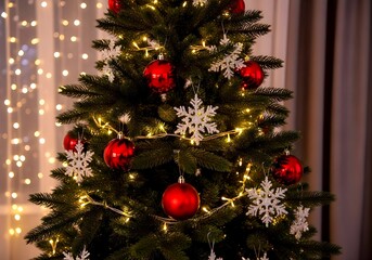 Close up of a decorated christmas tree with red ornaments and snowflake ornaments illuminated by warm fairy lights