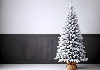 A tall slender artificial flocked christmas tree with white snowy branches stands in a minimalist room with dark wood paneling and a white wall
