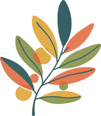 Modern flat illustration featuring a botanical branch with overlapping colorful leaves and minimalist shapes, perfect for nature decor, wall art, and autumn-themed design projects