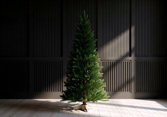 A tall unadorned green christmas tree stands in a dimly lit room with dramatic sunlight casting shadows on the floor and wall