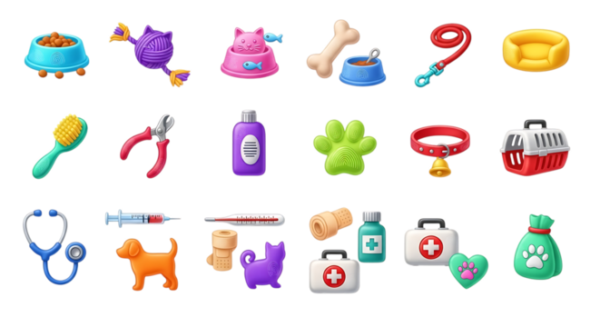 Pet care supplies and accessories for dogs and cats vet grooming food toys health first aid kit icons - Powered by Adobe