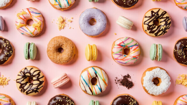 Delicious donuts and macarons arranged on a pastel pink background