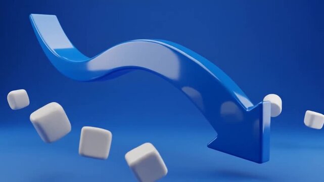 A glossy blue wavy arrow shows a significant downward trend, gracefully falling with several white cubic objects floating below on a smooth blue background.