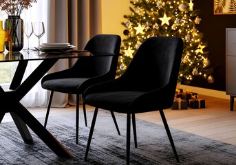 Elegant black velvet dining chairs set at a glass table with a decorated christmas tree in the background creating a festive holiday atmosphere