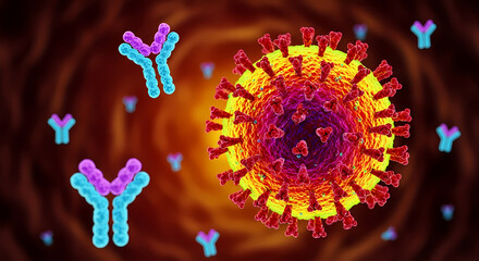 Antibodies neutralizing a virus - Scientific illustration showing immune response and disease protection