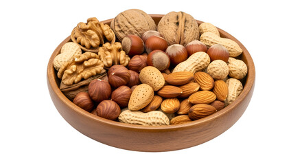 Wooden bowl filled with assorted nuts and peanuts on black background walnuts hazelnuts