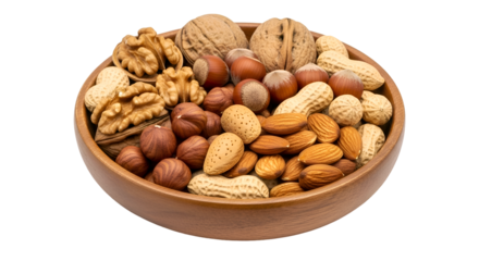 Wooden bowl filled with assorted nuts and peanuts on black background walnuts hazelnuts