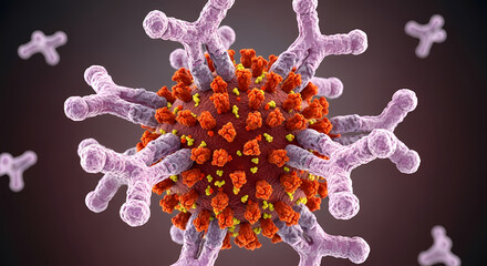 Illustration of the structure of a virus with antibody proteins attacking, scientific concepts