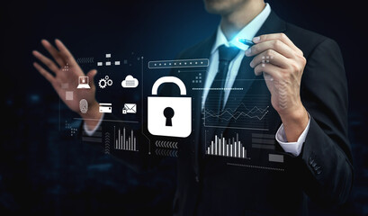 Digital cyber security lock system highlighting data security encryption, cyber password protection, fingerprint ID, cloud storage safety, and cyber security for online access Vouch