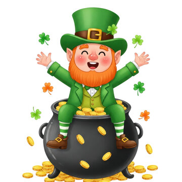 Leprechaun's Golden Bounty: A whimsical leprechaun beams with glee, nestled in a pot overflowing with golden coins, and surrounded by lucky clovers.