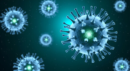 Microscopic view of pathogenic viral cells with glowing cores, representing a contagious disease or global pandemic