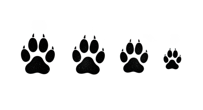 Four black paw prints in a row isolated on transparent background