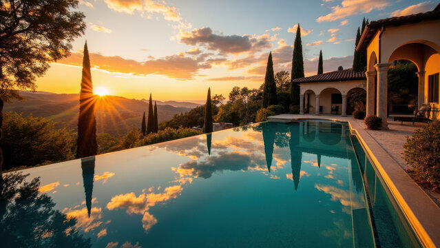 Luxury villa with infinity pool at sunset in Tuscany, Italy