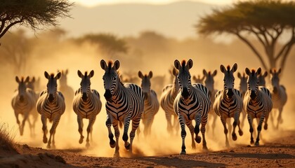 Naklejka premium Herd of zebras run across dusty savanna at golden hour. Wild animals move fast on dry grass plain. Sunlight illuminates striped mammals during African safari. Nature scene.