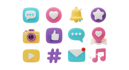 Social media icons set render illustration communication like comment share notification follow message