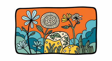 Whimsical folk art illustration of a vibrant garden with doodle flowers and patterned plants under an orange sky, reflecting a joyful imaginative nature concept