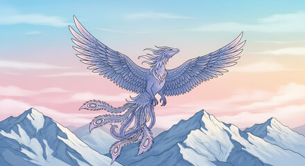 Majestic ethereal creature, with iridescent wings and flowing tails, gracefully soaring above pristine snow-capped mountains into a vibrant, gradient sky at dawn