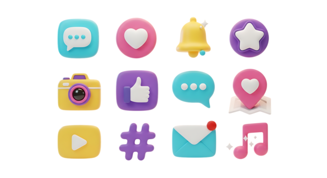 Social media icons set render illustration communication like comment share notification follow message