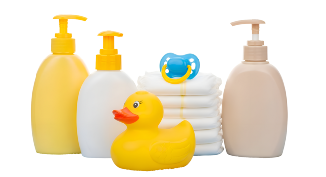 Yellow rubber duck blue pacifier stack of diapers and lotion bottles baby care baby products