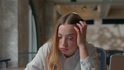 Stressed tired Caucasian business woman anxiety with bad documents result failure upset holding head analyzing financial data working burnout problem in office female businesswoman girl hard paperwork - Powered by Adobe