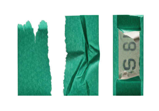 Multiple vibrant emerald green masking tape pieces, one mid-tear with jagged edges, one crinkled, one peeling, with sharp focus on textures, on transparent, macro photography concept