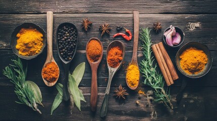 A variety of spices arranged on wooden spoons and bowls. Includes turmeric, cinnamon, black pepper, and herbs.