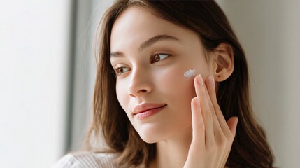 Young Caucasian woman applying cream to her face in a bright indoor setting.