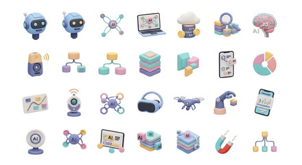 Ai technology and machine learning icons for innovation and automation in business and industry use