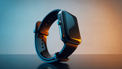 montre bracelet connectée design noir, gros plan sur fond de couleur tendance