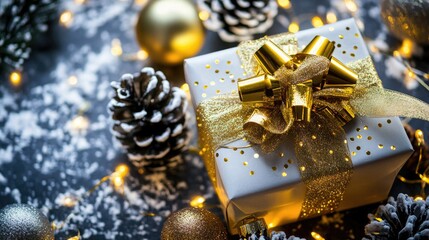 A beautifully wrapped gift box with a golden bow sits among pine cones and festive decorations.