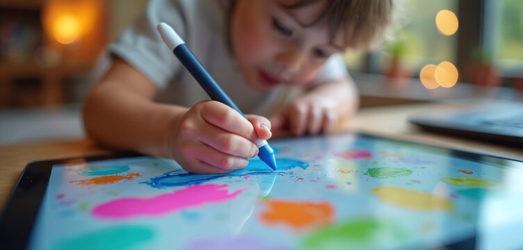 Young boy draws picture on digital tablet with stylus. Kid creates artwork with colorful paint. Child uses touch screen device. Early art learning and skill development with tech.