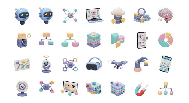 Ai technology and machine learning icons for innovation and automation in business and industry use