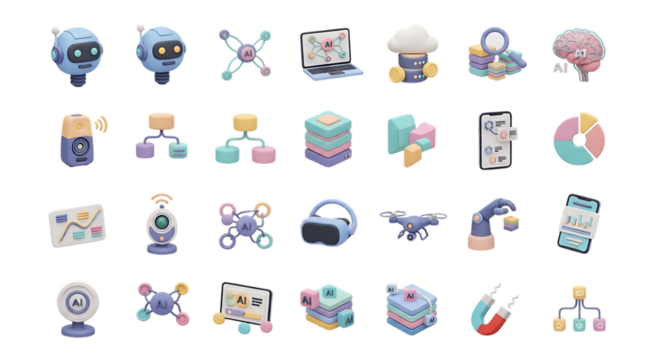 Ai technology and machine learning icons for innovation and automation in business and industry use