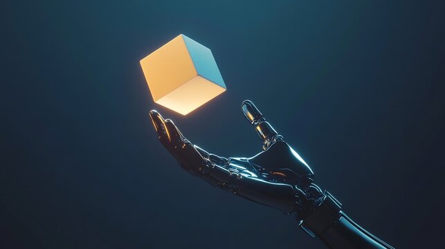 A robotic hand reaches for a glowing cube, symbolizing technological advancement and innovation - Powered by Adobe
