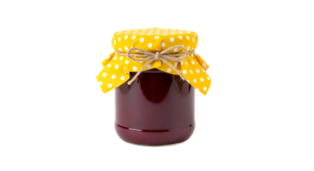 Glass jar of dark red jam with yellow polka dot fabric lid and twine food preserve