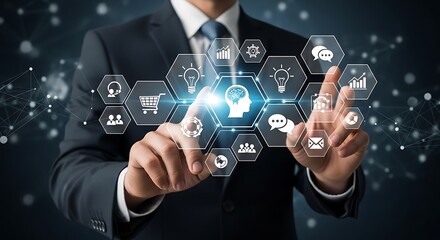 Businessman interacting with a futuristic holographic interface displaying icons related to business, technology, and innovation