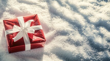 A red gift box with a white ribbon sits on a bed of snow. The scene captures a festive winter atmosphere