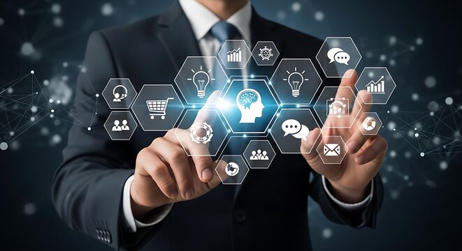 Businessman interacting with a futuristic holographic interface displaying icons related to business, technology, and innovation