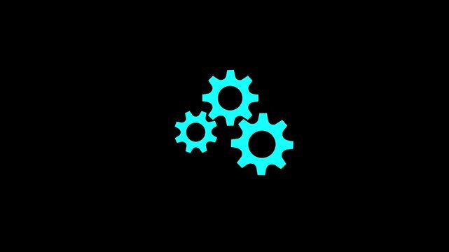 3 cyan gears spinning. Group of gears. Alpha channel. Gears rotating animation. cogwheel gear icon logotype rotating animation.