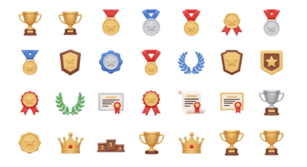 Trophy medal certificate award crown achievement victory success champion prize illustration set