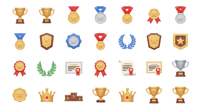 Trophy medal certificate award crown achievement victory success champion prize illustration set