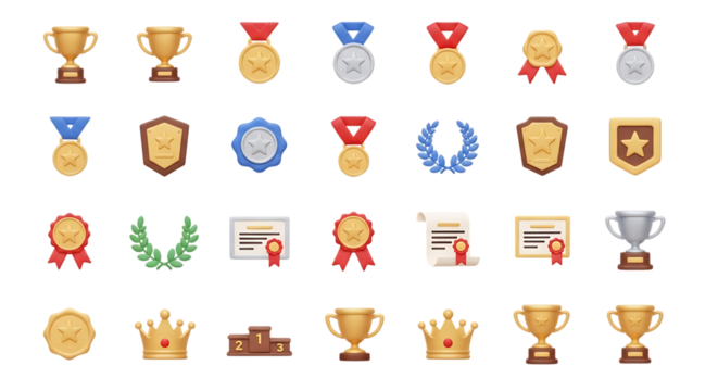 Trophy medal certificate award crown achievement victory success champion prize illustration set