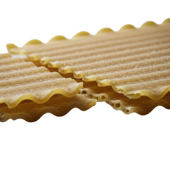 Fototapeta premium Uncooked golden-wheat Italian lasagna pasta, dramatically fractured, jagged edges, layered internal structure, isolated on transparent background with soft bokeh. Concept of fragile material detail