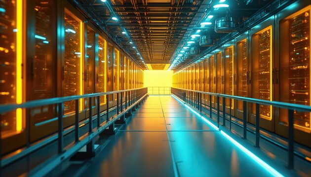 Row of yellow server cabinets in data center with blue and orange lights. Digital data servers aisle pathway in modern cyberspace. Computer tech racks for data storage and processing.