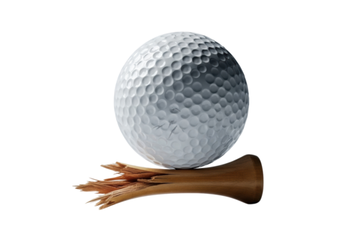 transparent golf ball with hexagonal dimples resting precariously on a freshly splintered light brown wooden golf tee, isolated on gray background. Concept of powerful impact in sport