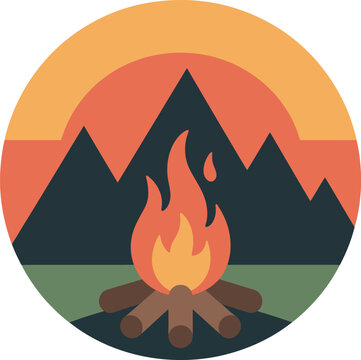 Simple outdoor camp design featuring burning fire and wood logs set against tall mountains and colorful dawn or dusk sky.