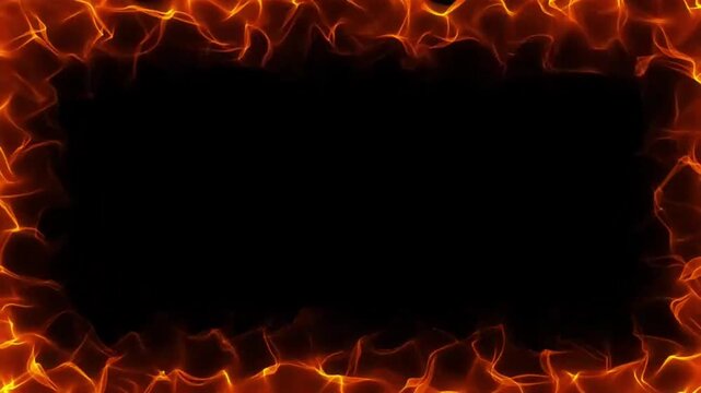 Seamless fiery frame border burning around dark center with glowing orange flames