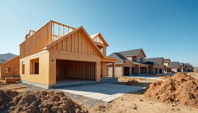 New houses under construction in a row. Residential building development with wooden frameworks and brick walls. Homes in suburban neighborhood project.