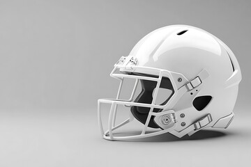 A sleek and professional white football helmet with a detailed design showcased on a neutral grey background emphasizing the product's feature